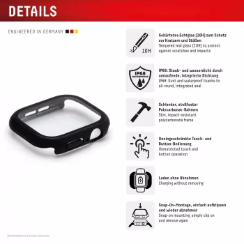 Displex vidrio templado 10H para Apple Watch 11/10 (42 mm), carcasa integral, IP68, snap-on, negro mate