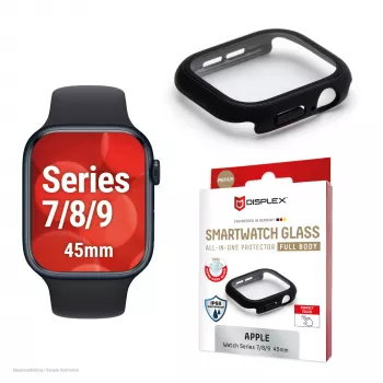 Displex vidrio templado 10H para Apple Watch 9/8/7 (45 mm), carcasa integral, IP68, snap-on, negro mate