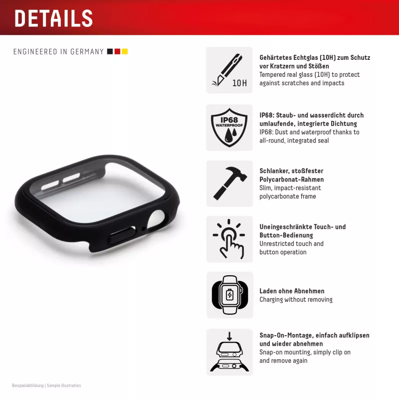 Displex vidrio templado 10H para Apple Watch 9/8/7 (45 mm), carcasa integral, IP68, snap-on, negro mate