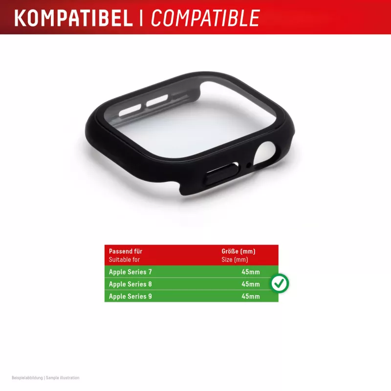 Displex vidrio templado 10H para Apple Watch 9/8/7 (45 mm), carcasa integral, IP68, snap-on, negro mate