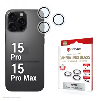 Displex vidrio premium para cámara, iPhone 15 Pro/15 Pro Max, 10H, anillos individuales, DLC, transparente, montaje rápido