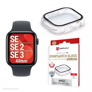 Displex vidrio templado 10H para Apple Watch SE3/SE2/SE (40 mm), carcasa integral, IP68, snap-on, transparente