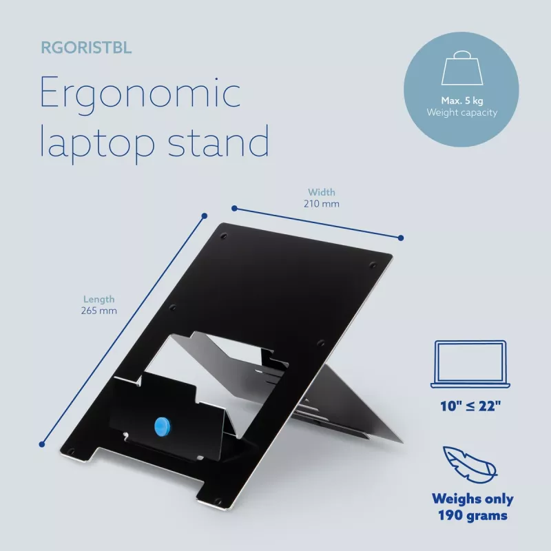 Soporte para portátil R-Go Tools R-Go Riser Flexible, elevador de portátil plegable ajustable, ergonómico, aluminio Hylite, negro