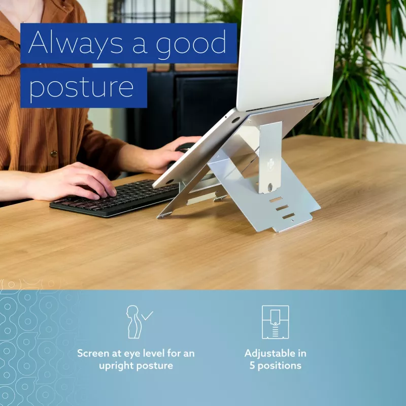 Soporte para portátil R-Go Tools R-Go Riser Flexible, soporte de portátil plegable ajustable, ergonómico, aluminio Hylite, plateado