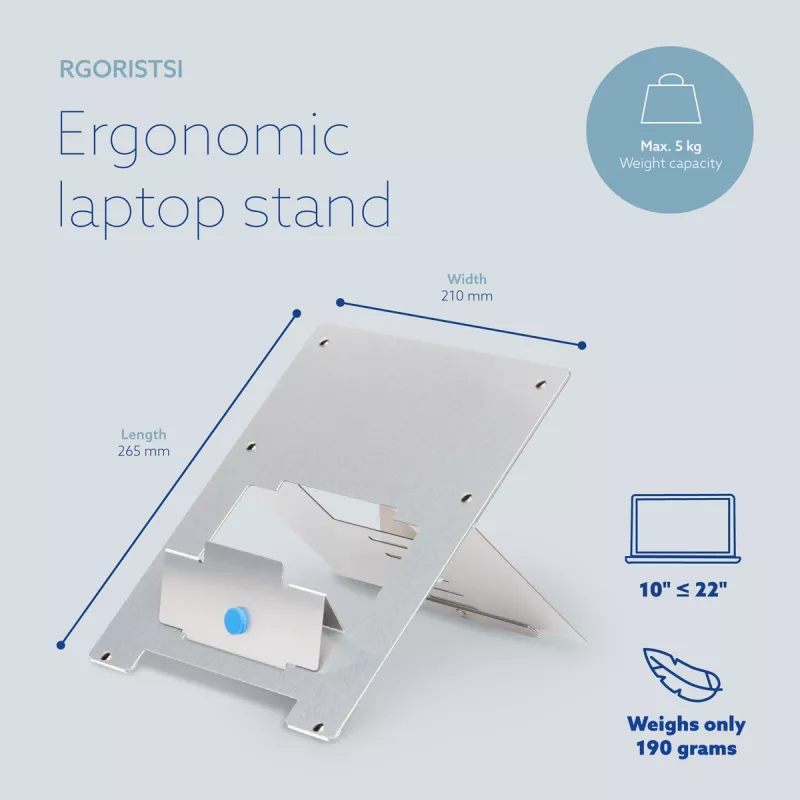 Soporte para portátil R-Go Tools R-Go Riser Flexible, soporte de portátil plegable ajustable, ergonómico, aluminio Hylite, plateado