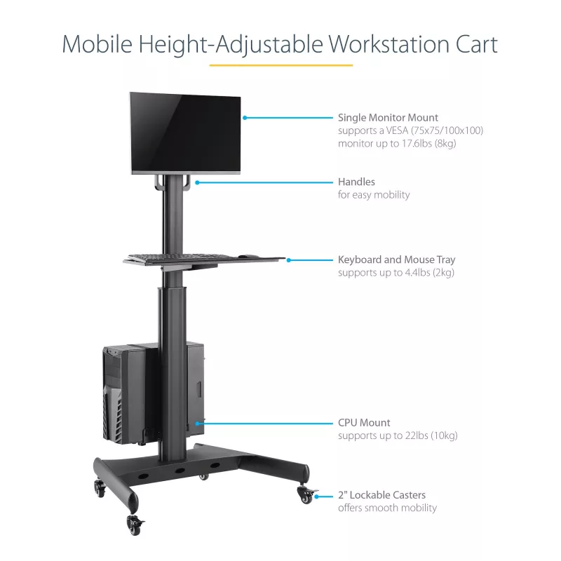 StarTech.com carro móvil para estación de trabajo con soporte para monitor, soporte para CPU/PC, bandeja para teclado – Carro ergonómico de altura ajustable para ordenador de sobremesa – Estación de trabajo móvil con ruedas