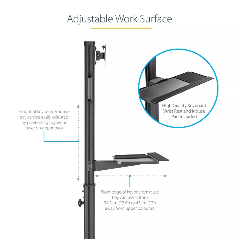 StarTech.com carro móvil para estación de trabajo con soporte para monitor, soporte para CPU/PC, bandeja para teclado – Carro ergonómico de altura ajustable para ordenador de sobremesa – Estación de trabajo móvil con ruedas
