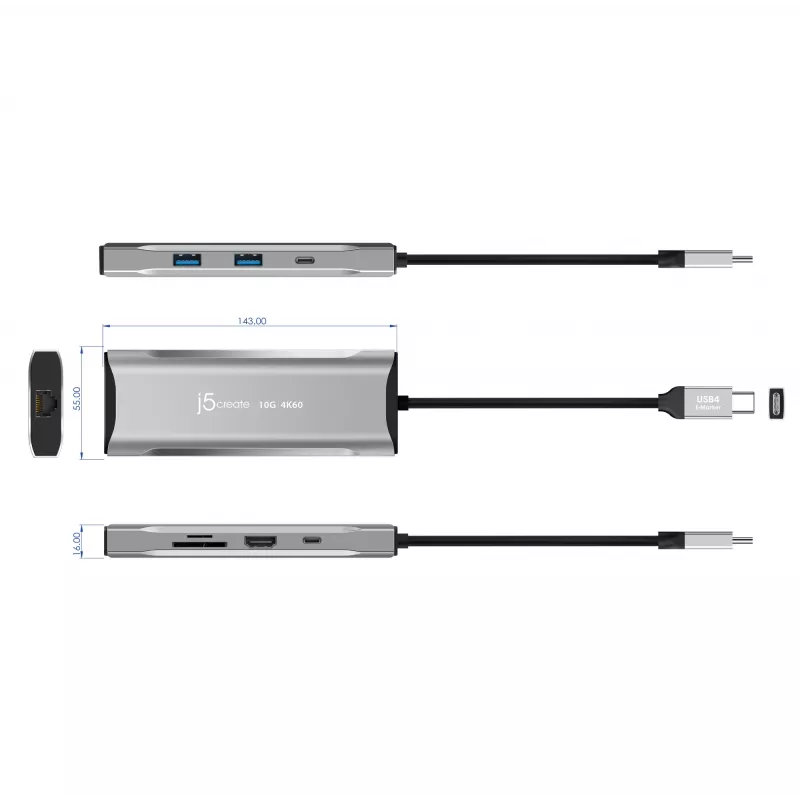 j5create JCD393 4K60 Elite USB-C® 10Gbps Mini Dock, gris espacial