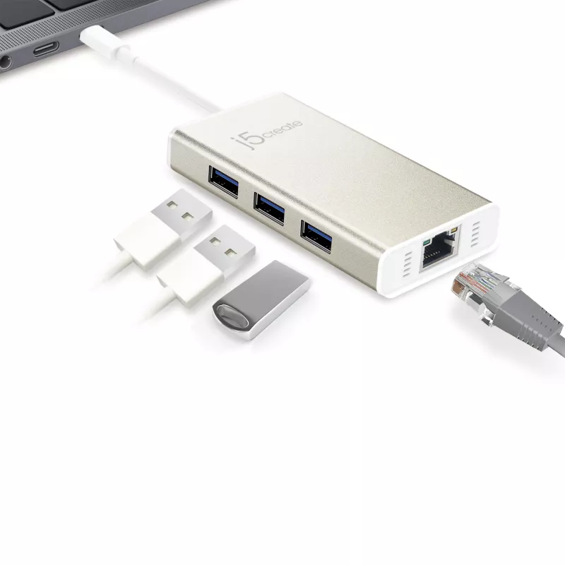 Adaptador múltiple j5create JCH471 USB-C™ Gigabit Ethernet y hub, Metallic Champagne