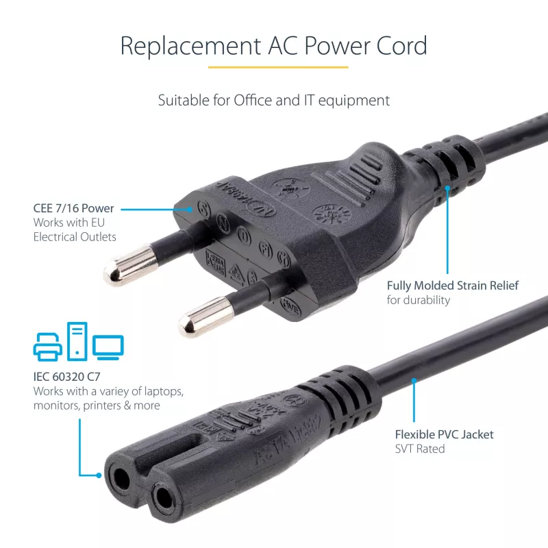 Cable de alimentación para portátil StarTech.com de 3 m (10 ft), conector EU a C7, 2,5 A 250 V, 18 AWG, cable de repuesto para portátil, cable de alimentación para impresora, cable de carga para portátil, cable de fuente de alimentación para portátil, negro