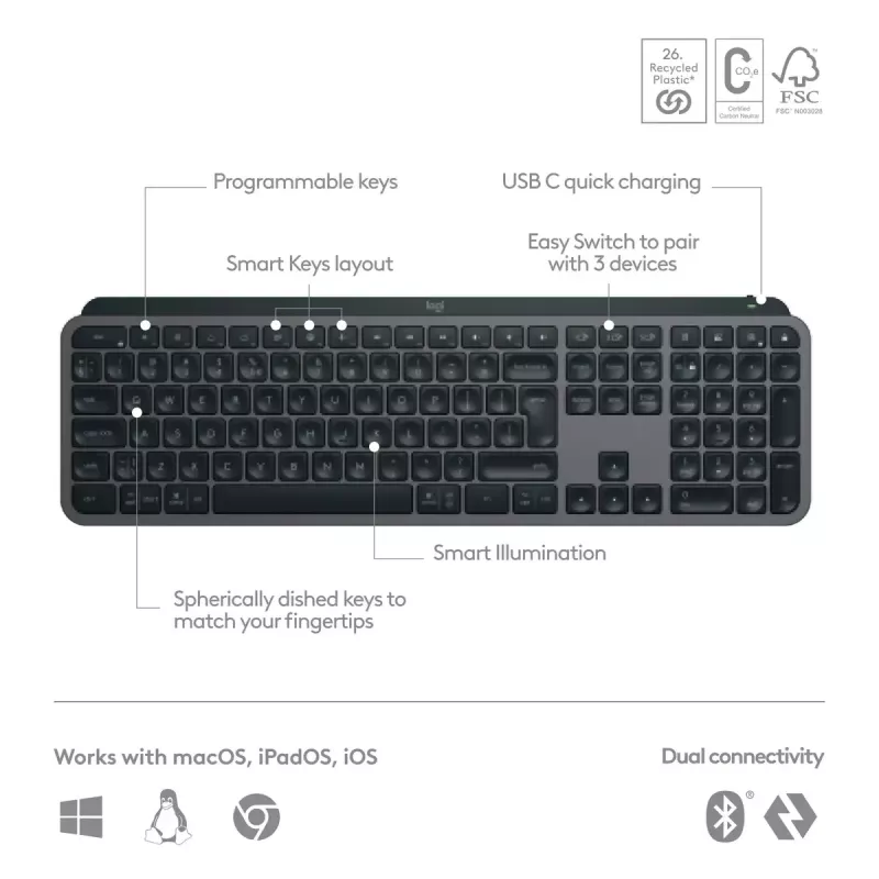Teclado Logitech MX Keys S Universal RF Wireless + Bluetooth AZERTY belga Grafito