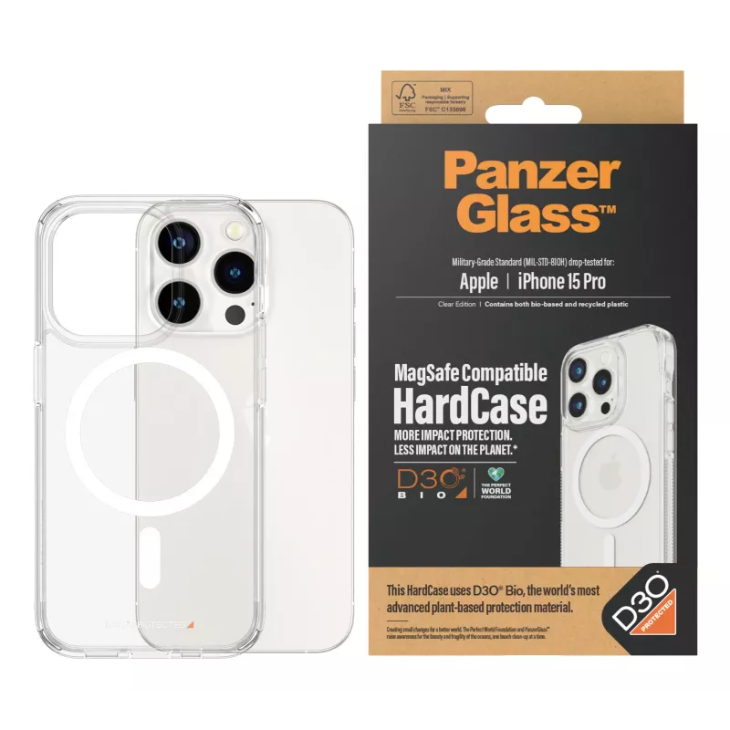 PanzerGlass ® HardCase Transparente con MagSafe blanco y D3O® iPhone 15 Pro