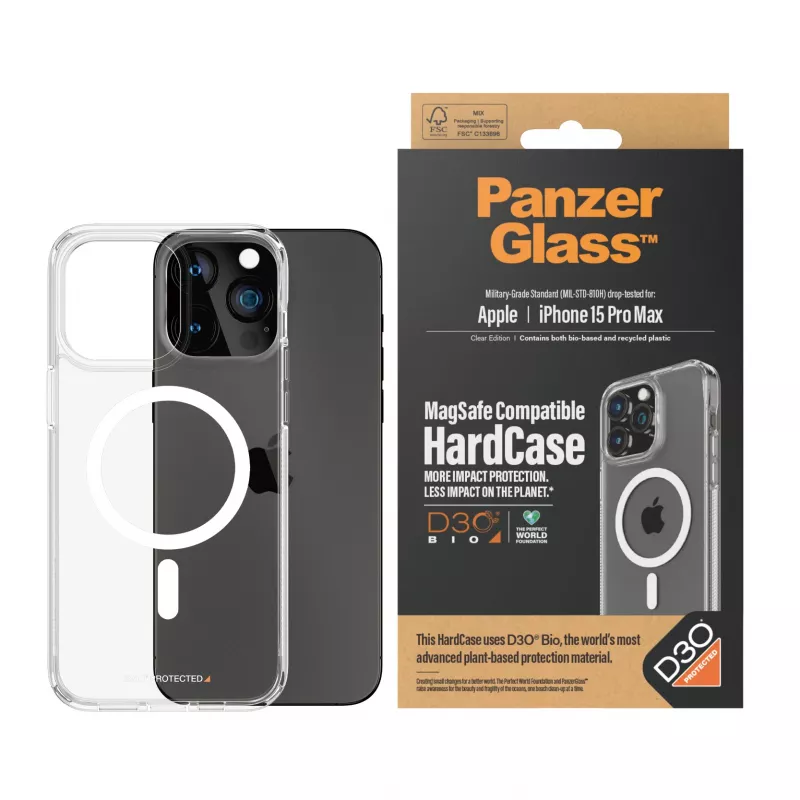 PanzerGlass ® HardCase Transparente con MagSafe blanco y D3O® iPhone 15 Pro Max