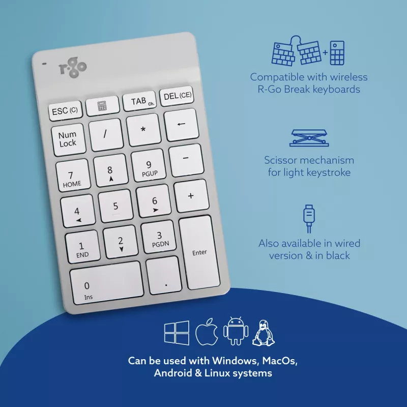 Teclado numérico R-Go Tools R-Go Numpad Break, teclado numérico ergonómico con software Break, Bluetooth, Blanco