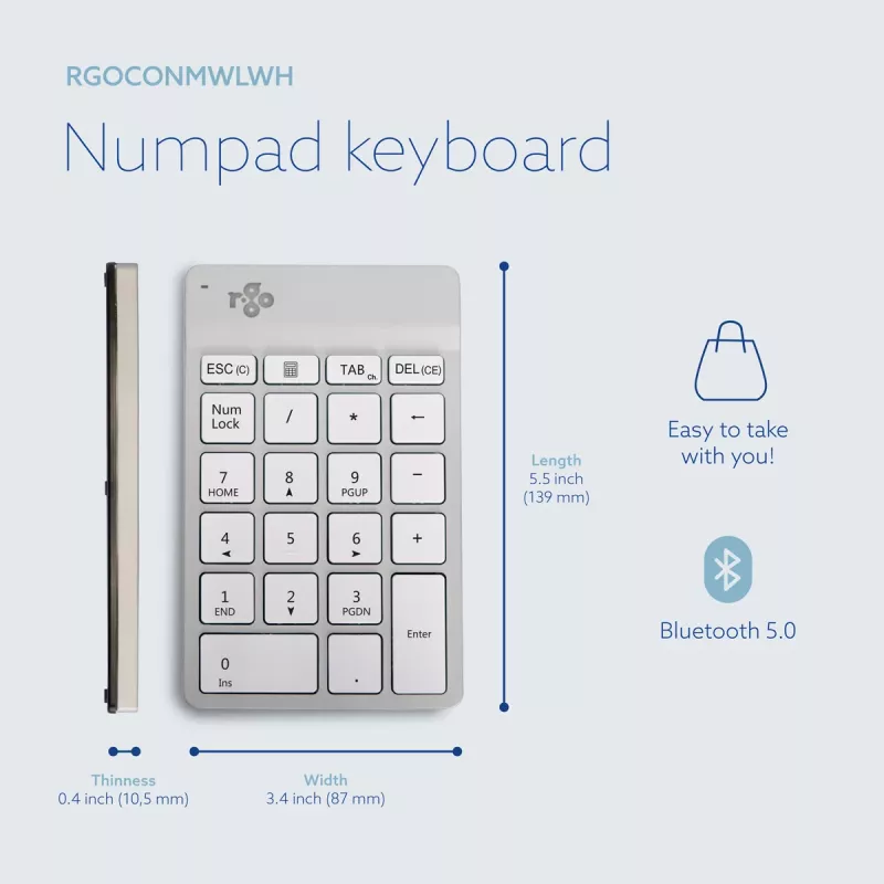 Teclado numérico R-Go Tools R-Go Numpad Break, teclado numérico ergonómico con software Break, Bluetooth, Blanco