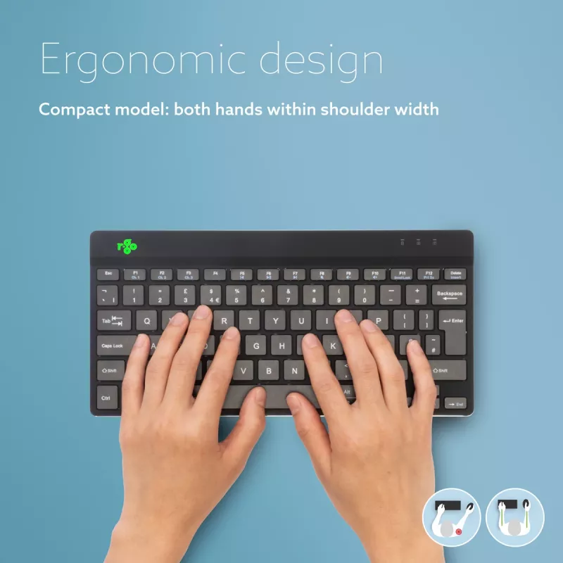 Teclado ergonómico R-Go Tools R-Go Compact Break, teclado compacto con software de pausas, QWERTZ (DE), Bluetooth, negro