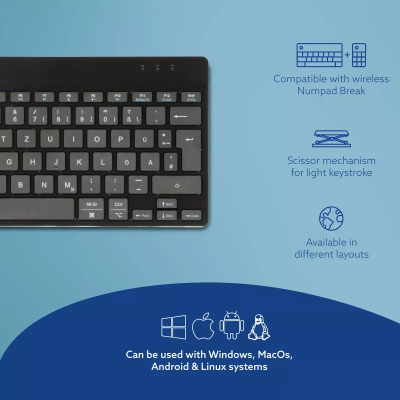 Teclado ergonómico R-Go Tools R-Go Compact Break, teclado compacto con software de pausas, QWERTZ (DE), Bluetooth, negro