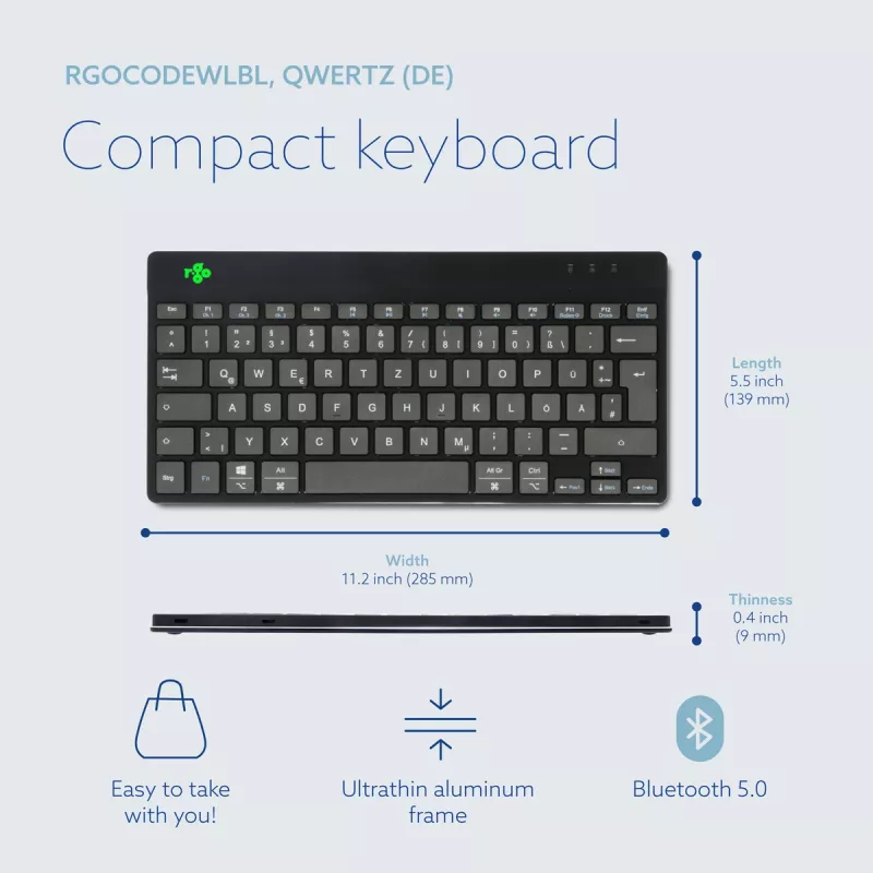 Teclado ergonómico R-Go Tools R-Go Compact Break, teclado compacto con software de pausas, QWERTZ (DE), Bluetooth, negro