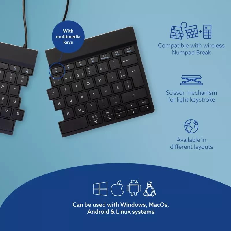 Teclado ergonómico R-Go Tools R-Go Split Break con software Break, teclado ergonómico dividido, QWERTZ (DE), Bluetooth, negro
