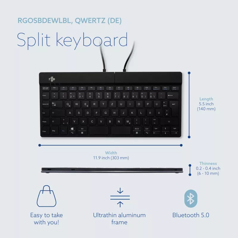 Teclado ergonómico R-Go Tools R-Go Split Break con software Break, teclado ergonómico dividido, QWERTZ (DE), Bluetooth, negro