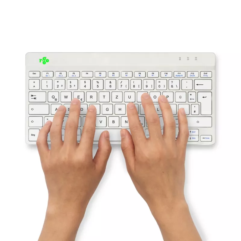 Teclado ergonómico R-Go Tools R-Go Compact Break, teclado compacto con software de pausas, QWERTZ (DE), Bluetooth, blanco