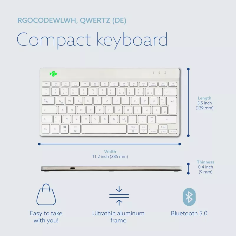 Teclado ergonómico R-Go Tools R-Go Compact Break, teclado compacto con software de pausas, QWERTZ (DE), Bluetooth, blanco