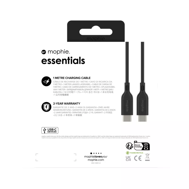Cable de carga USB-C a USB-C 1 m — Zagg International mophie essentials, USB 2.0, Negro