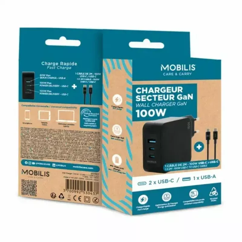 Cargador Ravanson Mobilis 100W GaN 2×USB‑C + 1×USB‑A AC para interior — para portátil, smartphone, tablet — negro