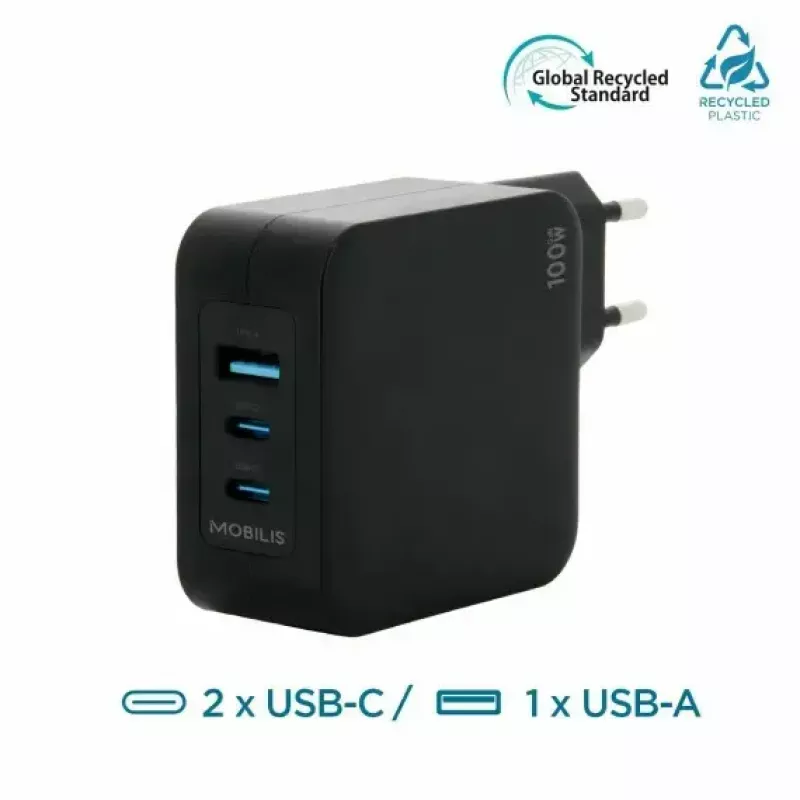 Cargador Ravanson Mobilis 100W GaN 2×USB‑C + 1×USB‑A AC para interior — para portátil, smartphone, tablet — negro