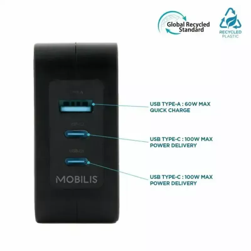 Cargador Ravanson Mobilis 100W GaN 2×USB‑C + 1×USB‑A AC para interior — para portátil, smartphone, tablet — negro
