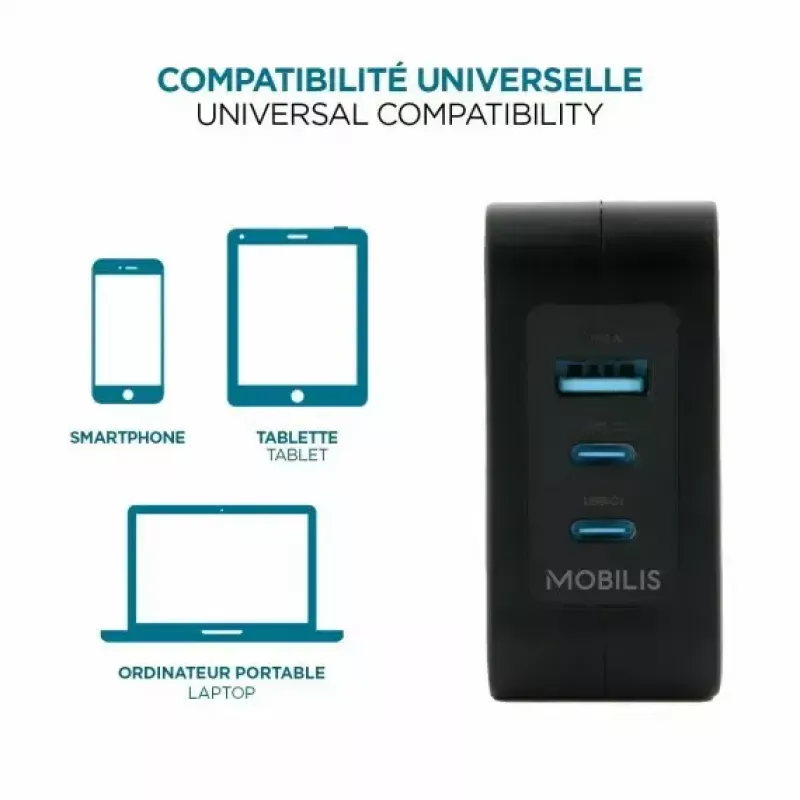 Cargador Ravanson Mobilis 100W GaN 2×USB‑C + 1×USB‑A AC para interior — para portátil, smartphone, tablet — negro