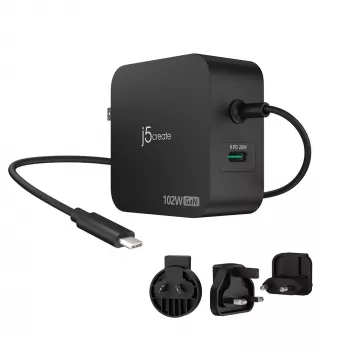 Cargador j5create 102W GaN PD USB-C 2 puertos con enchufes intercambiables