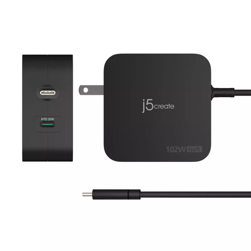 Cargador j5create 102W GaN PD USB-C 2 puertos con enchufes intercambiables