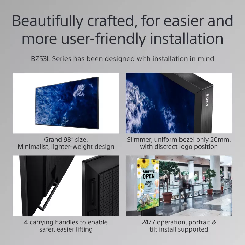 Sony BRAVIA FW-98BZ53L pantalla profesional 4K HDR Full Array LED, 780 cd/m2, Deep Black Non-Glare 47% Haze, 24/7 y 5 años PrimeSupport