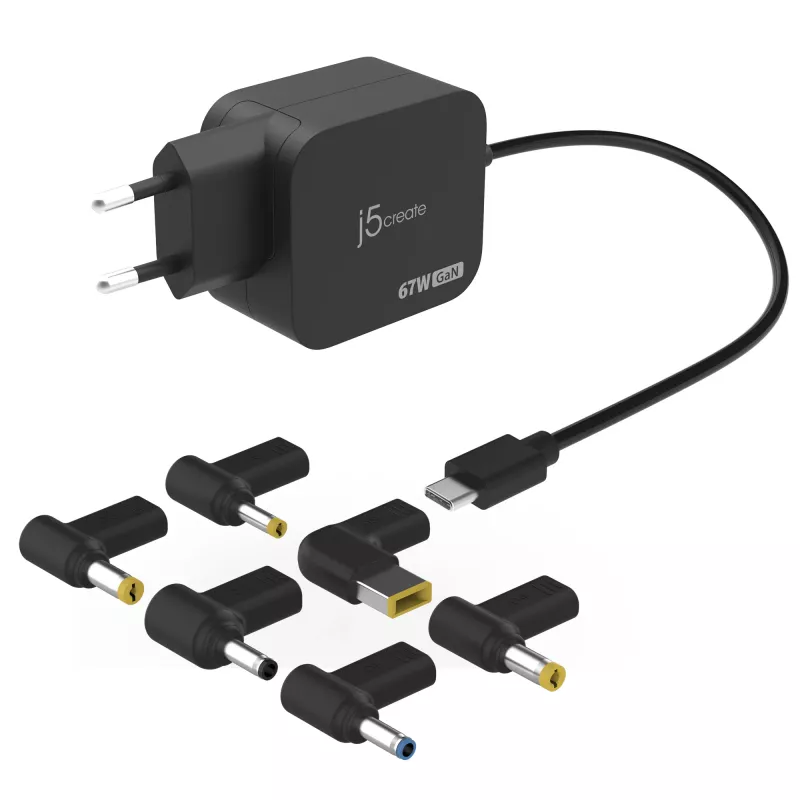 j5create JUP1565DC 67W GaN PD USB-C® Mini cargador con 6 tipos de conectores DC – EU, negro