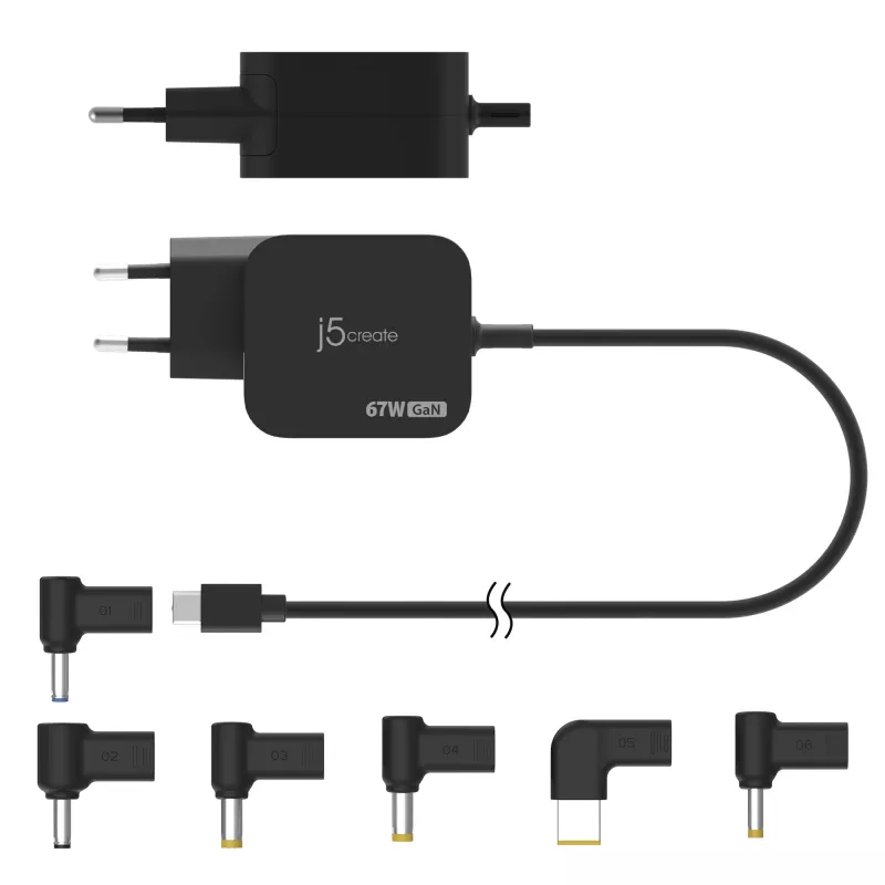 j5create JUP1565DC 67W GaN PD USB-C® Mini cargador con 6 tipos de conectores DC – EU, negro