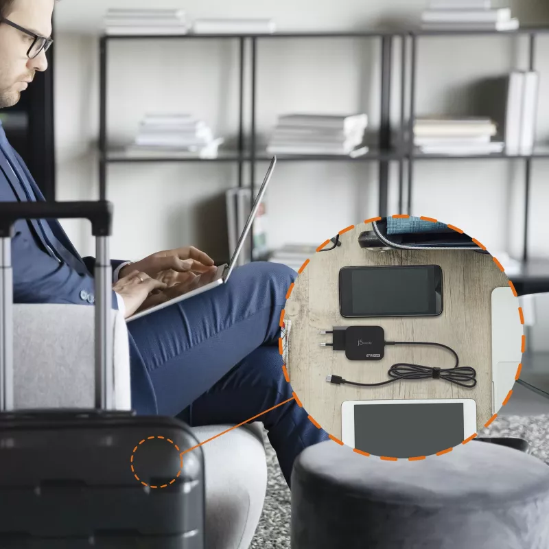 j5create JUP1565DC 67W GaN PD USB-C® Mini cargador con 6 tipos de conectores DC – EU, negro