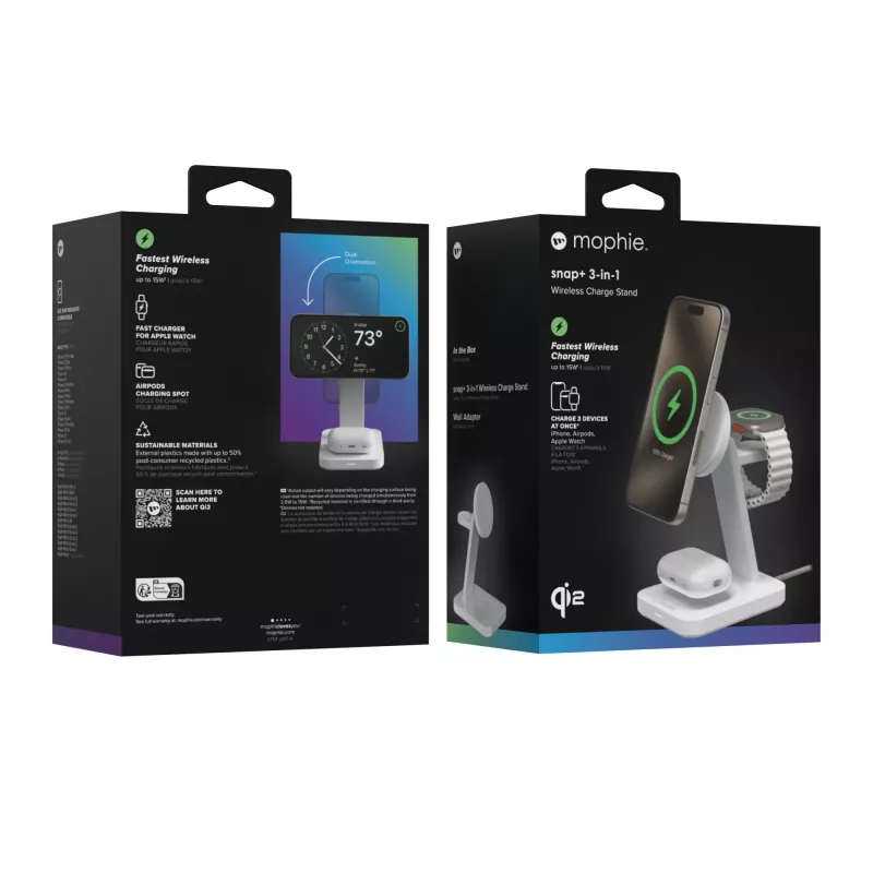 mophie Snap+ 3-in-1 estación de carga inalámbrica Auricular, Smartphone, Smartwatch Blanco USB Carga inalámbrica Carga rápida Interior