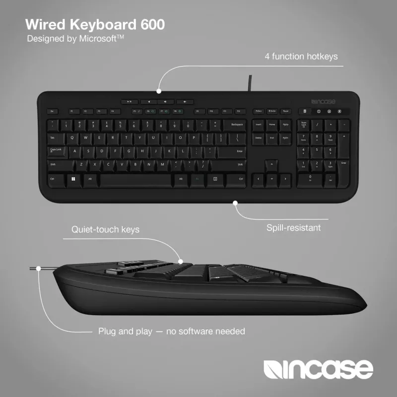 Teclado de tamaño completo con cable Incase Designed by Microsoft Wired 600 — USB, QWERTY, UK-Inglés, Negro