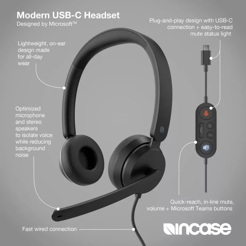 Incase Designed by Microsoft Modern USB-C Headset Auricular con cable Diadema Oficina/Callcenter USB Type-C Negro