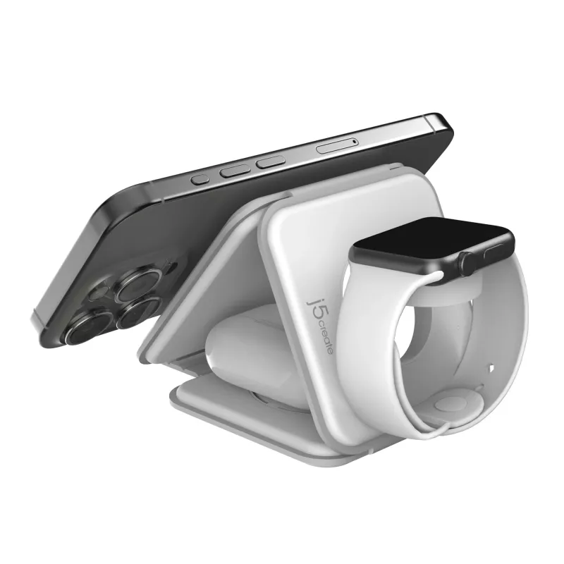 j5create Qi2 3 en 1 Magnetic Travel Wireless Charging Station Interior USB Carga rápida Blanco