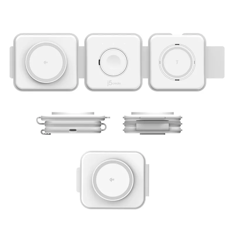 j5create Qi2 3 en 1 Magnetic Travel Wireless Charging Station Interior USB Carga rápida Blanco