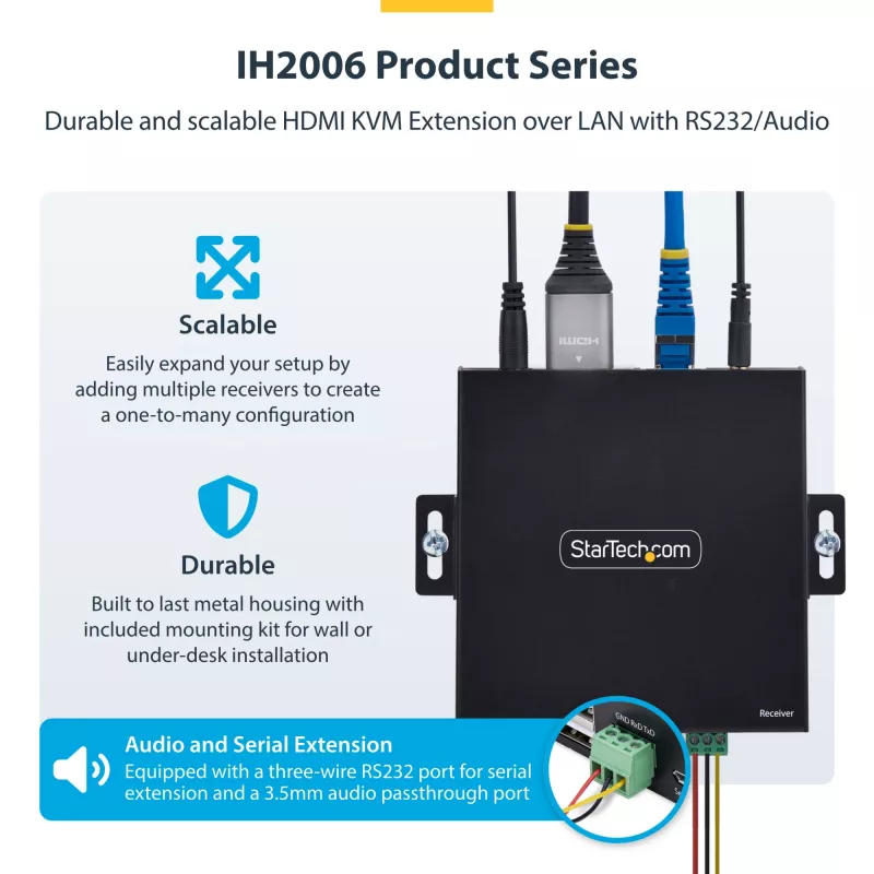 Extensor KVM HDMI StarTech.com sobre red IP, 4K 60Hz, sin controladores, HDMI y USB sobre Ethernet/CAT6, AVoIP, kit de transmisor y receptor, incluye kits de montaje