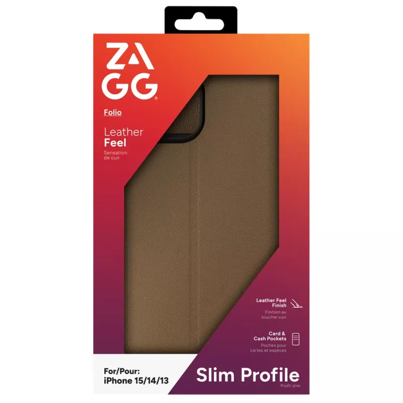 ZAGG 702314850 Folio funda con tapa para Apple iPhone 16e/15/14/13, piel sintética, marrón