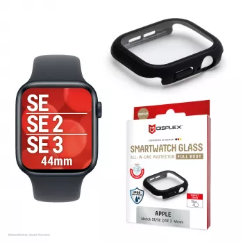 Protector de pantalla PanzerGlass Displex 10H para Apple Watch SE3/SE2/SE (44mm) – cuerpo completo, IP68, con clip, negro mate