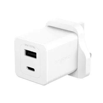 Cargador PanzerGlass empower™ by ® Turbo 35W con USB-C + USB-A | Enchufe UK | Blanco plateado