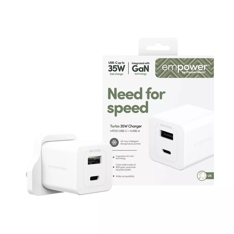 Cargador PanzerGlass empower™ by ® Turbo 35W con USB-C + USB-A | Enchufe UK | Blanco plateado