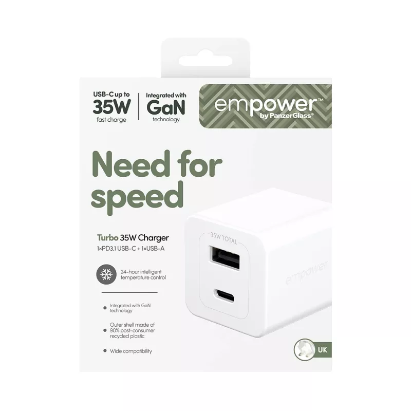 Cargador PanzerGlass empower™ by ® Turbo 35W con USB-C + USB-A | Enchufe UK | Blanco plateado