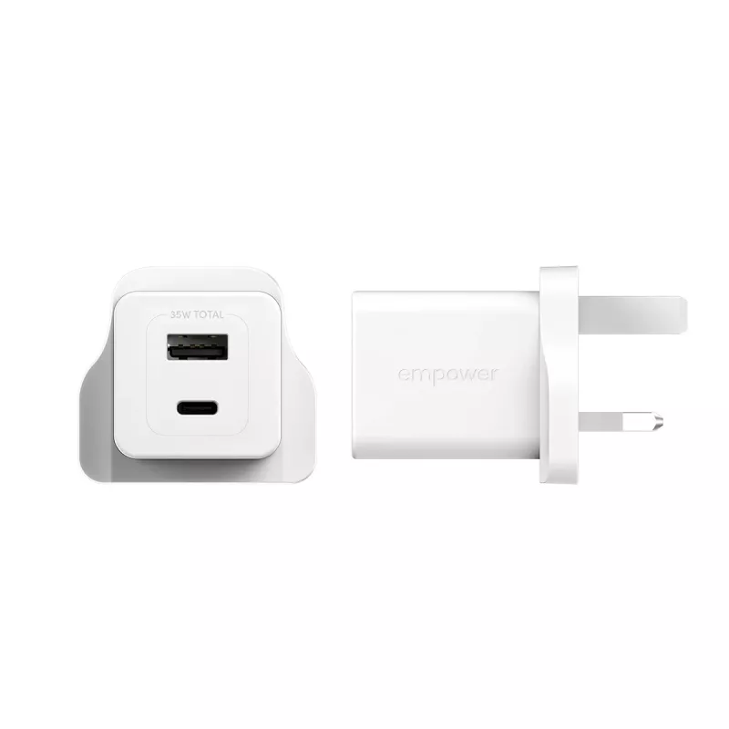 Cargador PanzerGlass empower™ by ® Turbo 35W con USB-C + USB-A | Enchufe UK | Blanco plateado