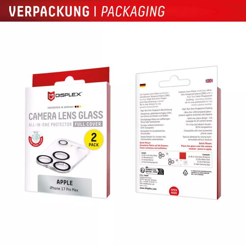 Displex Full Cover cristal protector para lente de cámara iPhone 17 Pro Max, 10H, protección completa de cámara, montaje rápido, pack de 2